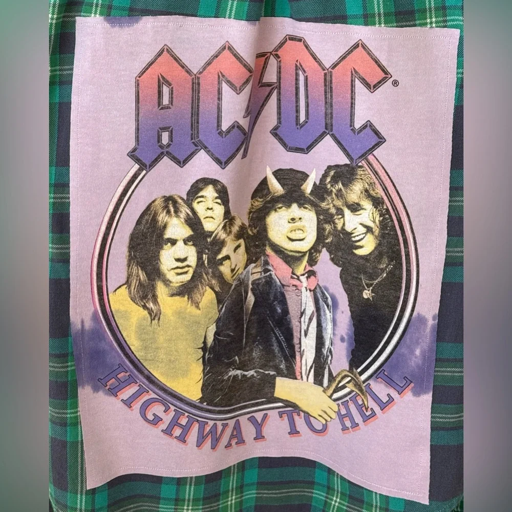 Upcycled AC/DC Band American Eagle Favorite Fit Flannel Plaid Shirt Size M - Picture 4 of 6